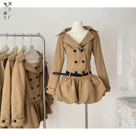 美式复古风衣式收腰连衣裙女秋季大翻领显瘦蓬蓬裙双排扣花苞短裙