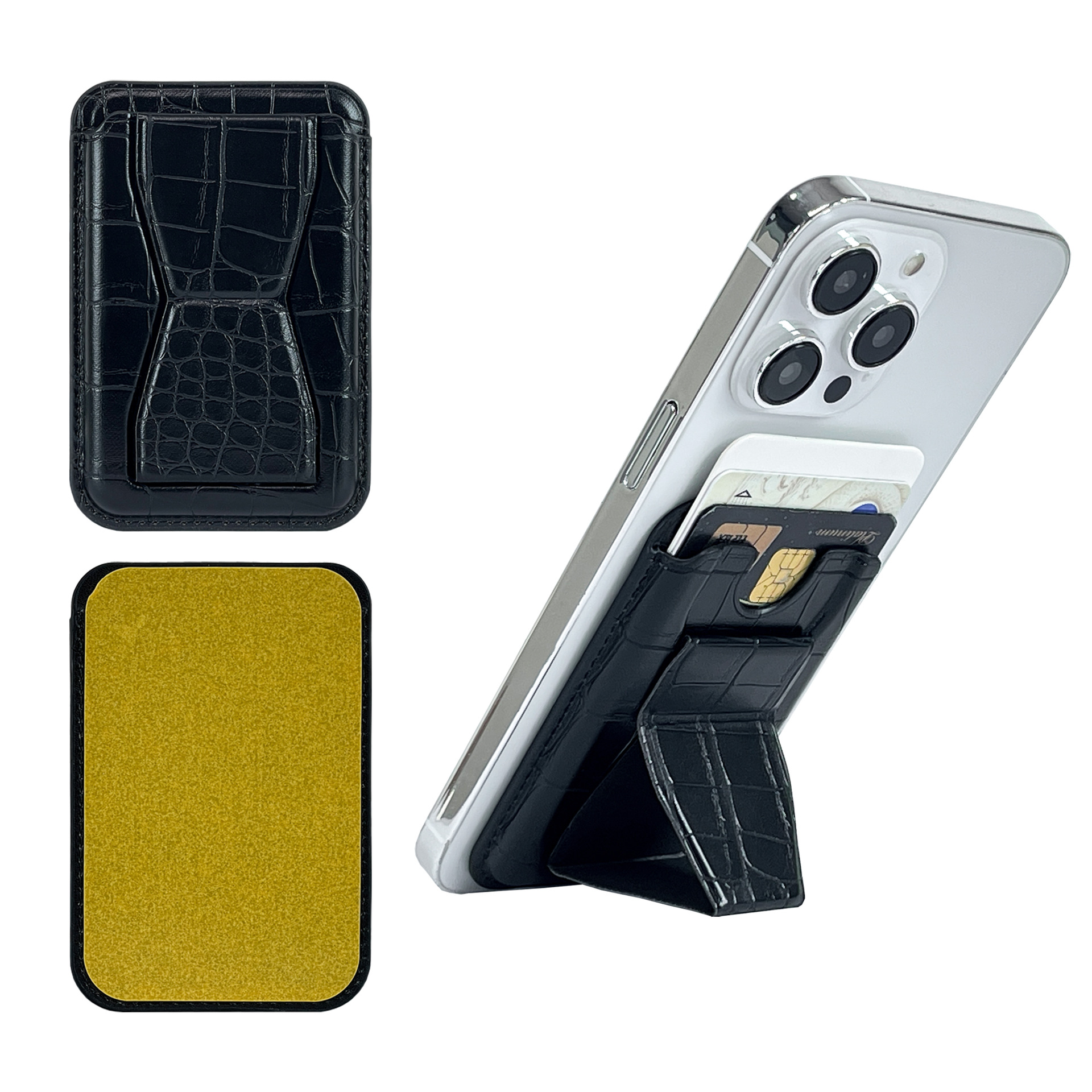 Fábrica suministro directo de suministro de productos in situ transfronterizo soporte de teléfono móvil bolsas de tarjetas de cuero PU bolsas de tarjetas de soporte estilo pegado