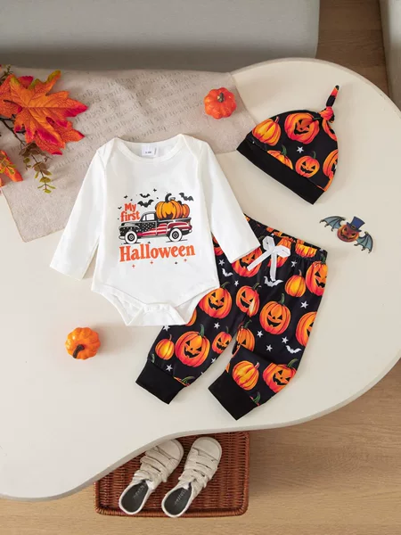 Amazon European and American Halloween Outfit for Baby Boys, Pumpkin and Bat Pattern Long-Sleeve Romper and Suspenders Pants Two-Piece Set