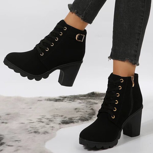 Spring chunky-heel ankle boots for women: lace-up, round-toe design in matte finish with thick, high heels and a short shaft.