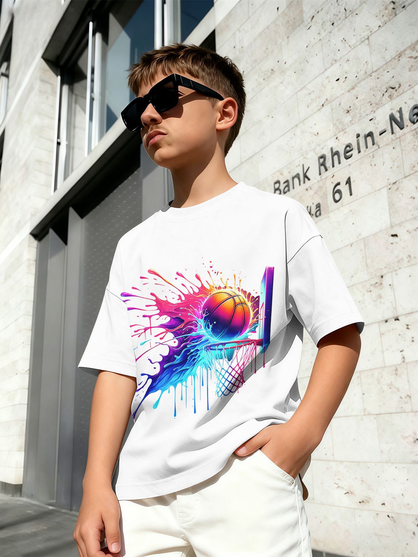T-shirt för pojkar med 3d rymdraket tryck rund hals vit_voghion.com