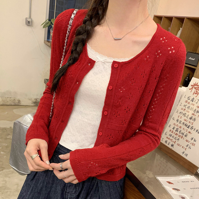 2026 New Year Discount Retro Hollow-Out Design Red Outerwear Knitted Cardigan for Women Early Autumn Lazy Style Short Top