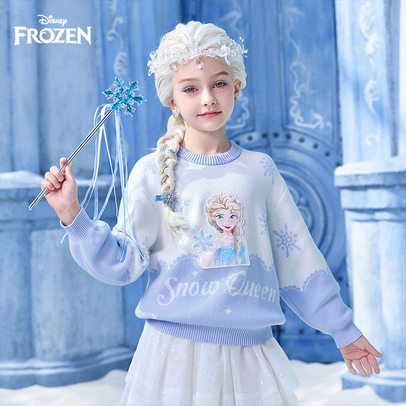 Disney Children's Clothing Girls' Warm Round-Neck Sweater New Winter Clothing Children's Girl Elsa Princess Knitwear Top