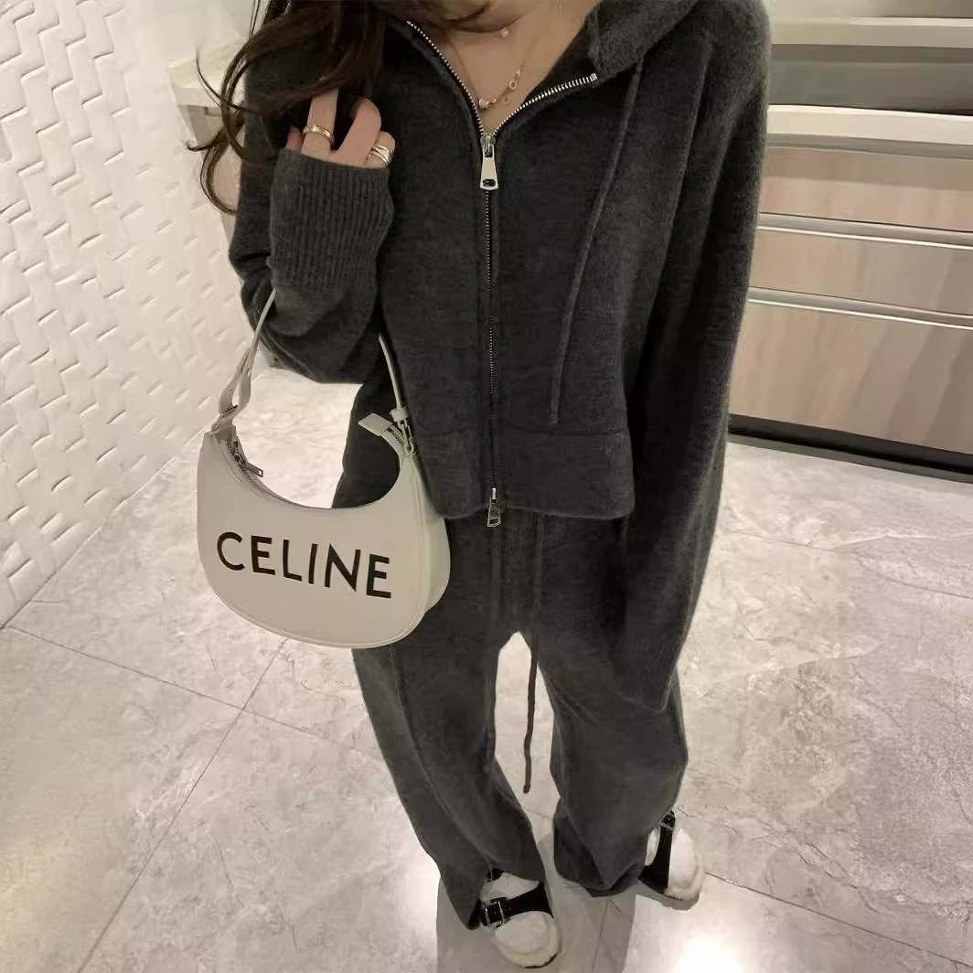 Дизайнерский женский свитер с капюшоном, утолщенный вязаный кардиган, весна и осень, новые повседневные брюки с высокой талией и широкими штанинами, комплект из двух предметов