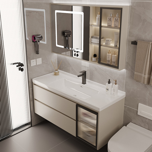 Cream style bathroom cabinet combination, milk coffee color washbasin sensor light, main cabinet washbasin, Meijia Bathroom 3010