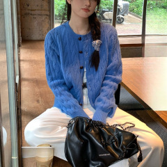 蓝色麻花针织开衫外套女秋季新款宽松韩系慵懒纯色毛衣长袖上衣女