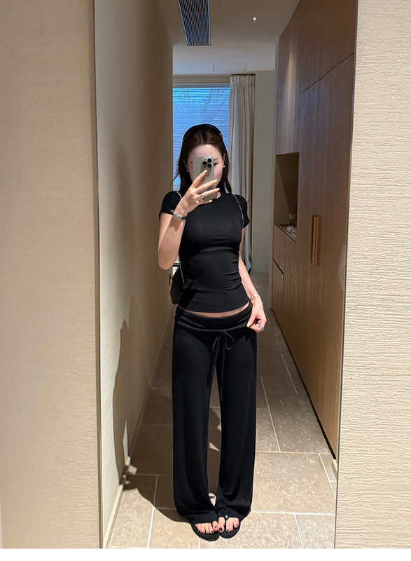 抽绳系带垂垂裤女2025新款针织垂感松弛慵懒风显瘦直筒窄版休闲裤|undefined
