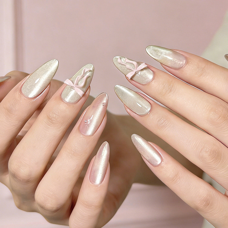 Cross-Border 24-Piece Spring and Summer Cat-Eye Pink-Green Gradient Gradient Wear-On Nails with Bowknot, Fresh Almond-Shaped Nail Tips