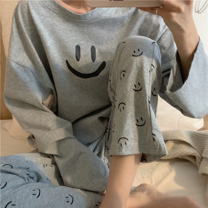 Pijamas de cuello redondo de las mujeres lindo sonriente cara estilo coreano ins estilo fresco de dos piezas conjunto ropa homewear conjunto pijamas