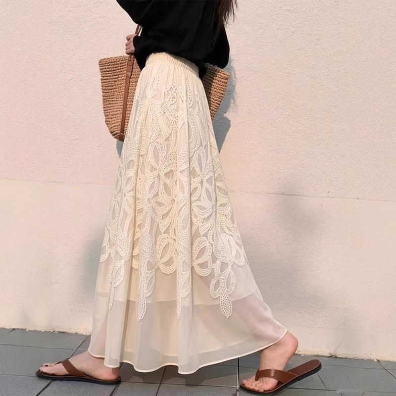 French-Style Heavy Embroidery Floral Lace Skirt for Women, Summer High-Waisted Slimming A-Line Loose Flared Skirt 10401 French-Style Heavy Embroidery Floral Lace Skirt for Women, Summer High-Waisted Slimming A-Line Loose Flared Skirt 10401