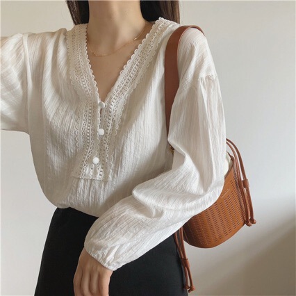 Korean Style V Neck Lace Splicing Shirt Women's Top 2025 Spring & Fall New Loose Pullover Slim Shirt Trendy