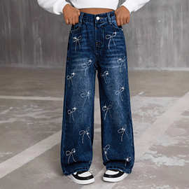 外贸童裤厂家四季款儿童宽松阔腿牛仔裤童装可爱蝴蝶结烫钻牛仔裤