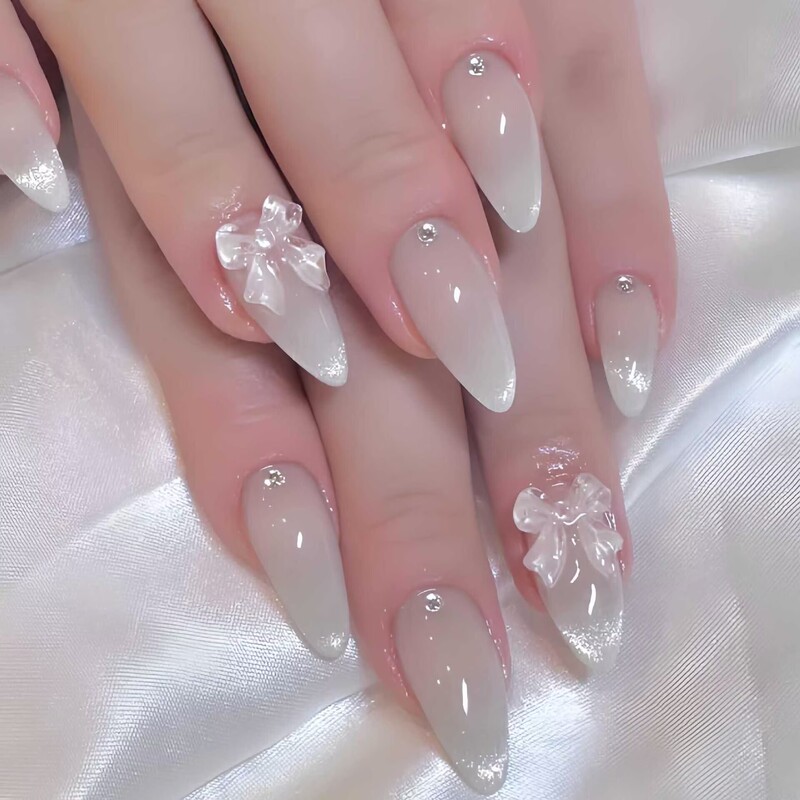 24 Pieces of Cat-Eye Rhinestone Almond-Shaped Bow Element Wearable Nails, Cute and Beautiful Nail Art Pieces for Women