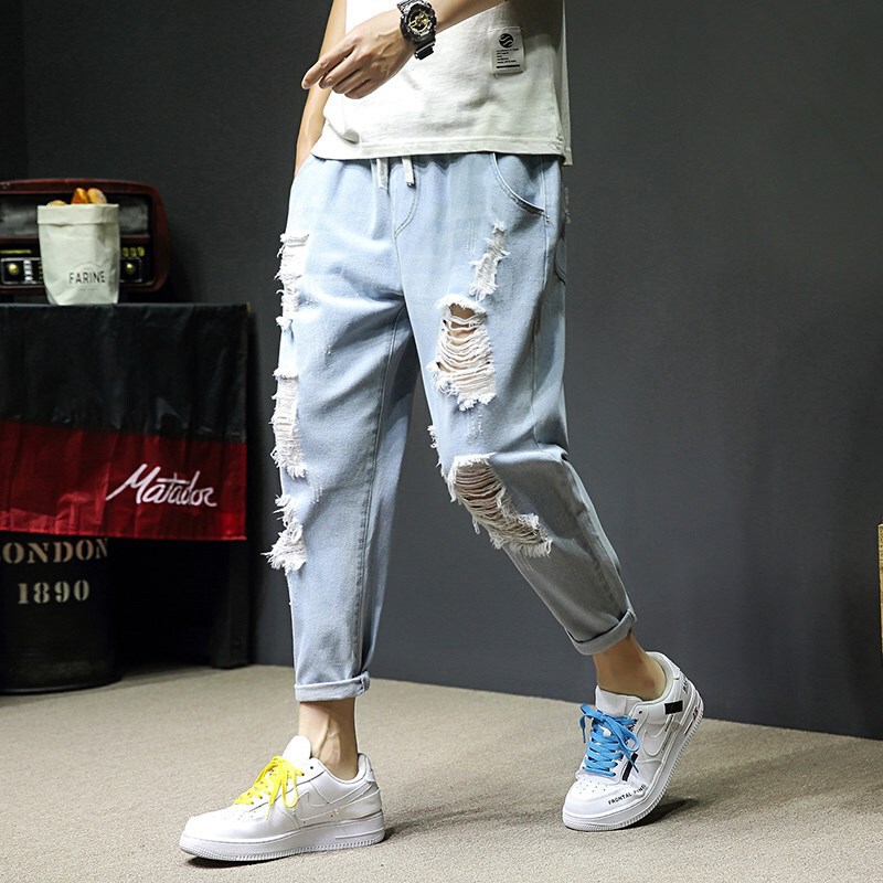 Ripped Jeans Men Korean Style Trendy Summer Thin Distressed Pants Japanese Style Trendy Loose Fit Skinny Cropped Pants