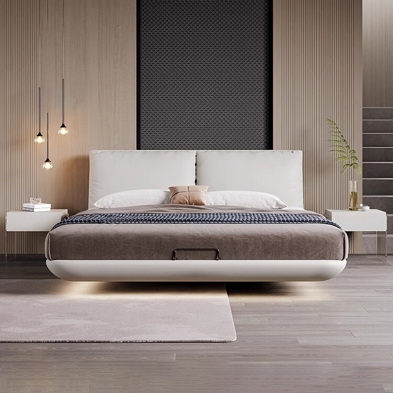 Cama de suspensión minimalista italiana dormitorio principal simple cama de cuero cama de envoltura blanda cama de matrimonio 2 * 2.2m cama doble cama de pluma
