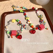 苹果乐园~彩色多巴胺串珠蝴蝶结项链女款可爱甜美小众设计锁骨链