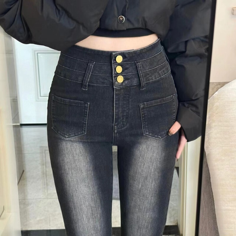 Women's Stretchy Slim-Fit Black and Gray Denim Flared Pants with a High-Waisted Buttoned Design