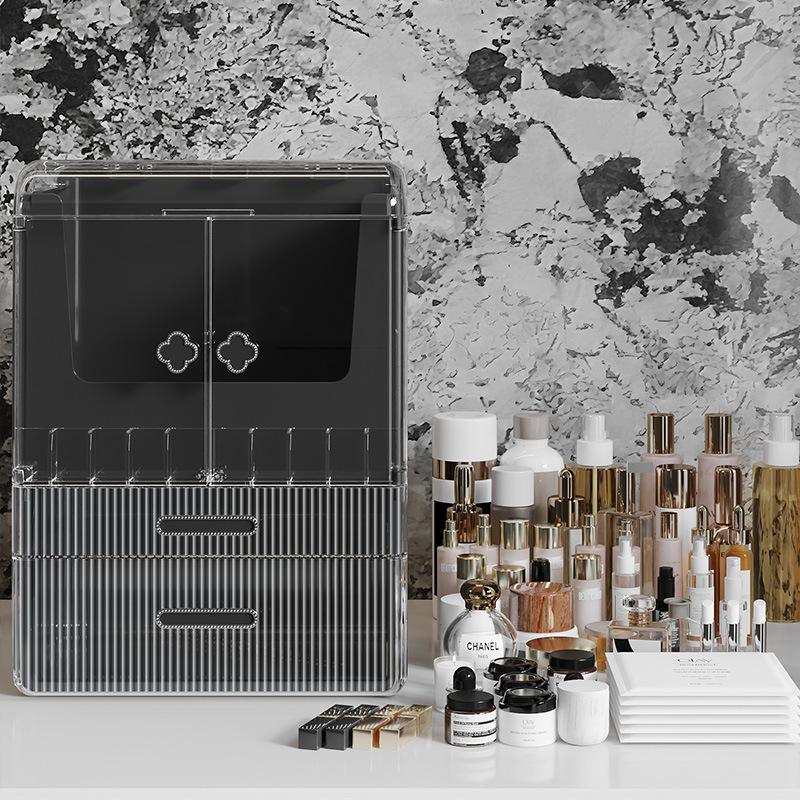 Caja de almacenamiento de cosméticos Tocador de escritorio a prueba de polvo Caja de almacenamiento de productos para el cuidado de la piel Mascarilla transparente multicapa Soporte de almacenamiento de lápiz labial