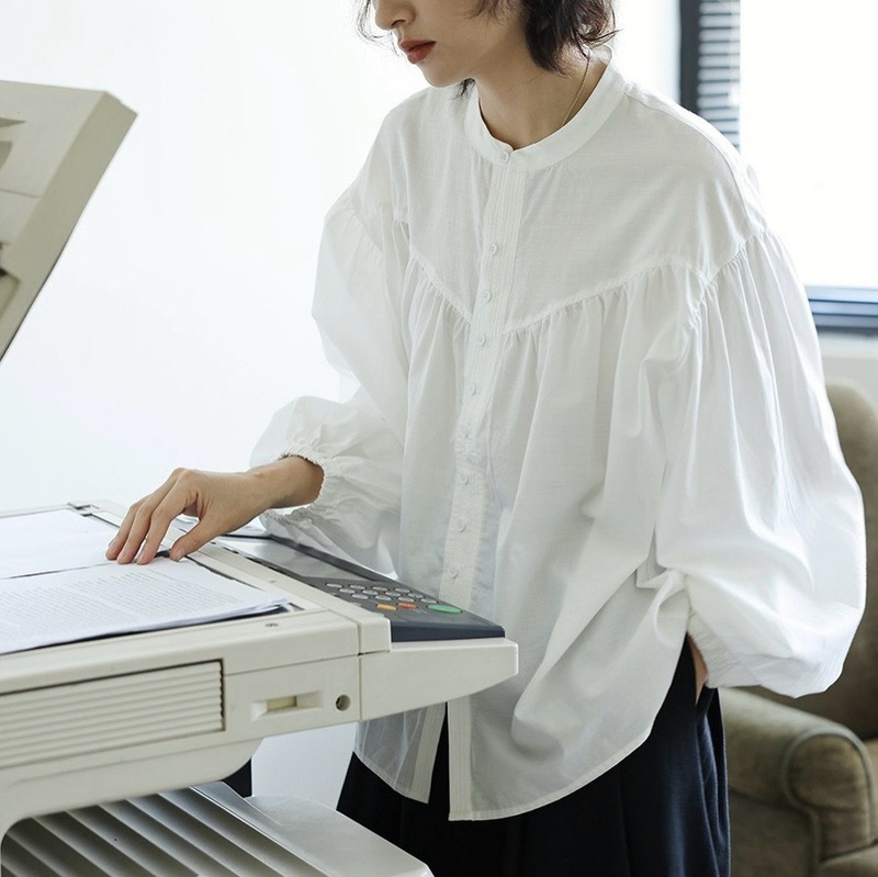 French-Style White Shirt for Women, Spring Design, Niche Lantern Sleeve Blouse, Stand Collar, Versatile, Lazy Style Top