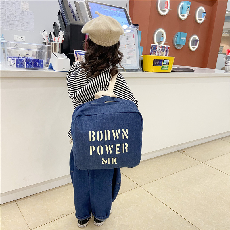 Mochila para niños Denim niños y niñas Mochila pequeña casual con versión moda carta impresión Escuela Primaria estudiante mochila moda