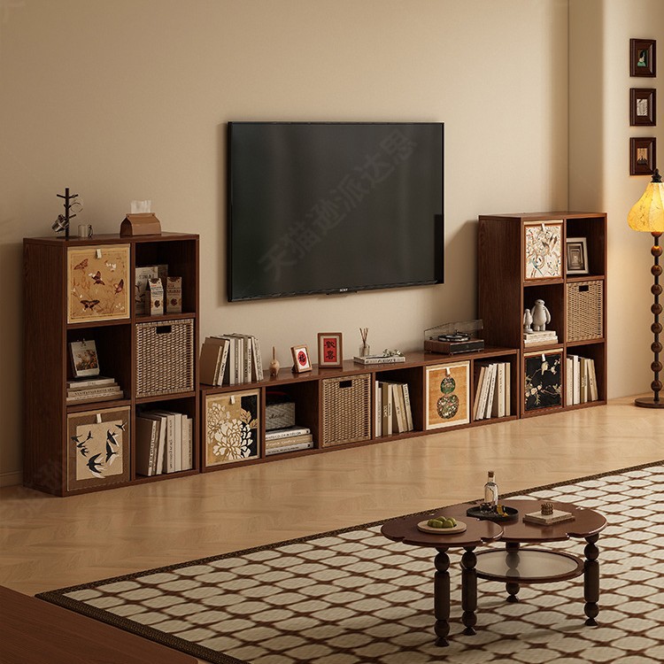 Medieval Style Solid Wood Tv Cabinet Floor-Standing Storage Rack Small Apartment Living Room Home Cabinet Storage Cabinet Wall Grid Cabinet