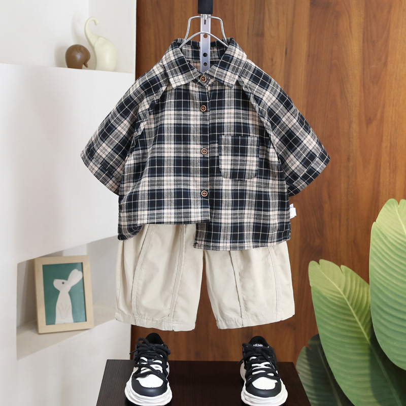 7240 Camisa a cuadros para niños de manga corta para niños pantalones cortos sueltos 2025 verano nuevos pantalones cortos estilo occidental bebé