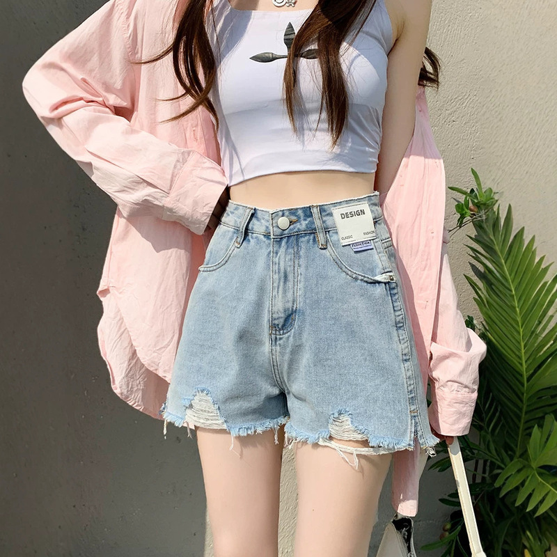 Light Blue Ripped Denim Shorts for Women with Pear-Shaped Body Shape, Summer Plus Size, High-Waisted, Slimming, Frayed A-Line Wide-Leg Hot Pants