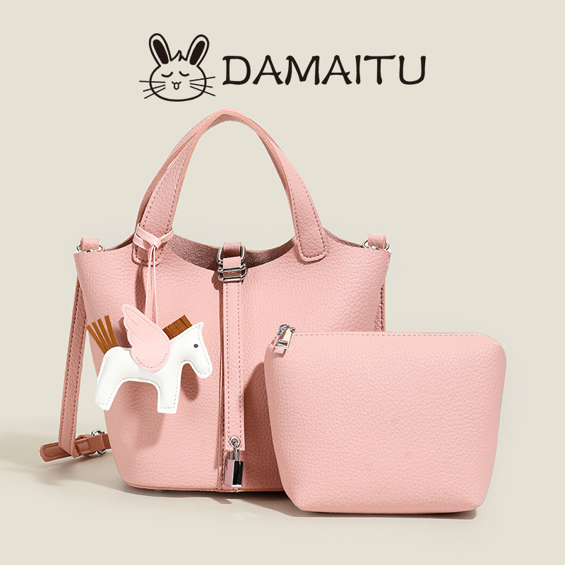 Fashionable Basket-Style Bucket Bag for Women 2026 New Model with Lychee Texture, Simple Solid Color Niche Crossbody Bag