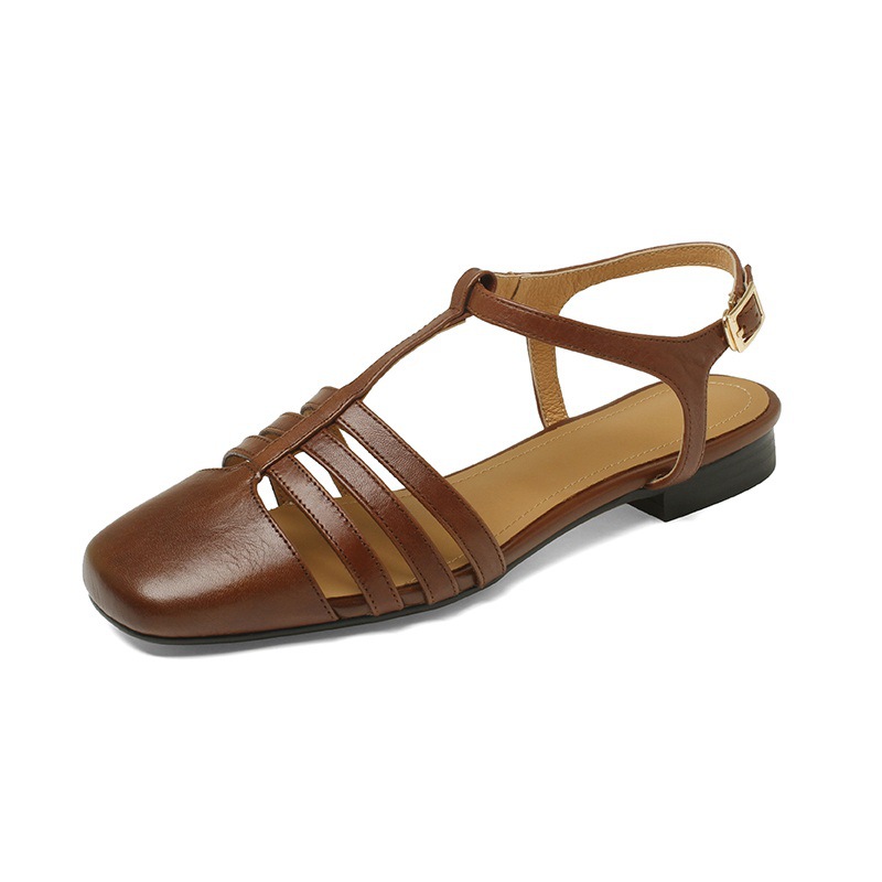 Sandal nữ đế bằng da bò lớp đầu quai chữ T dệt cổ điển — Màu nâu