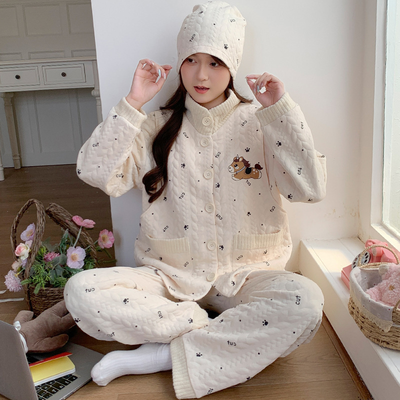 Autumn and winter maternity pajamas with chest pads, air cotton, postpartum clothing for November, thickened nursing maternity sleepwear