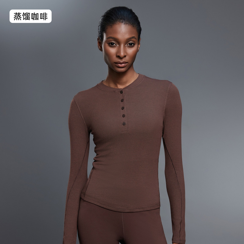 モダールヘンリーシャツ レディース スリムフィット ラウンドネック スポーツ ヨガウェア 長袖Tシャツ ランニング フィットネス トップス D25146|undefined