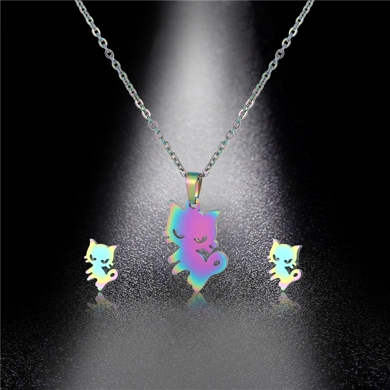 New European And American Cute Kitten Pendant Clavicle Earings Set New Colorful Cat Accessories Wholesale display picture 4