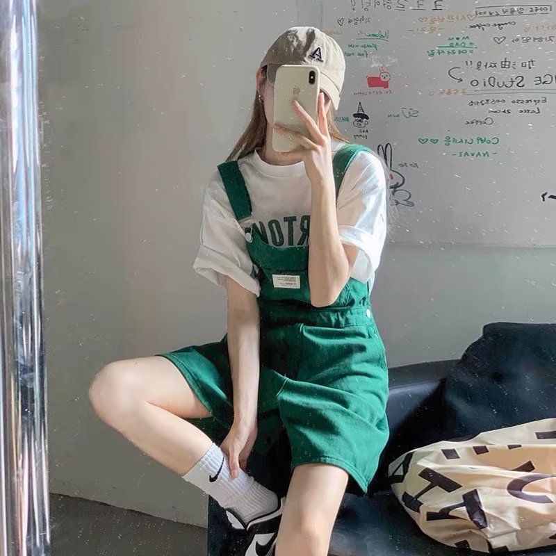 Women's youthful denim overalls, summer 2023, Korean chic retro loose high-waisted wide-leg slimming jumpsuit shorts