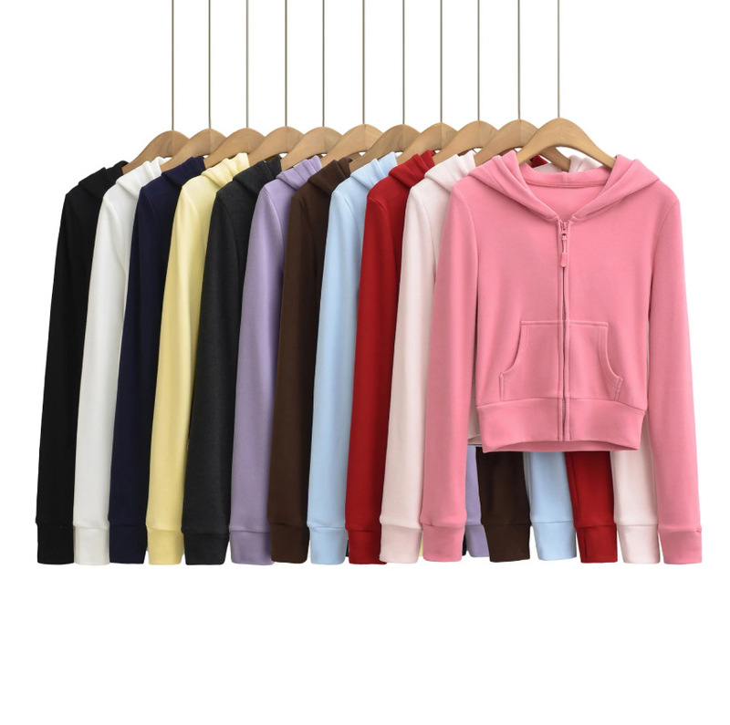 Short Hooded Long-Sleeve Sweatshirt for Women, 2026 Spring and Autumn New American Retro Solid Color Velvet Zip Pocket Jacket