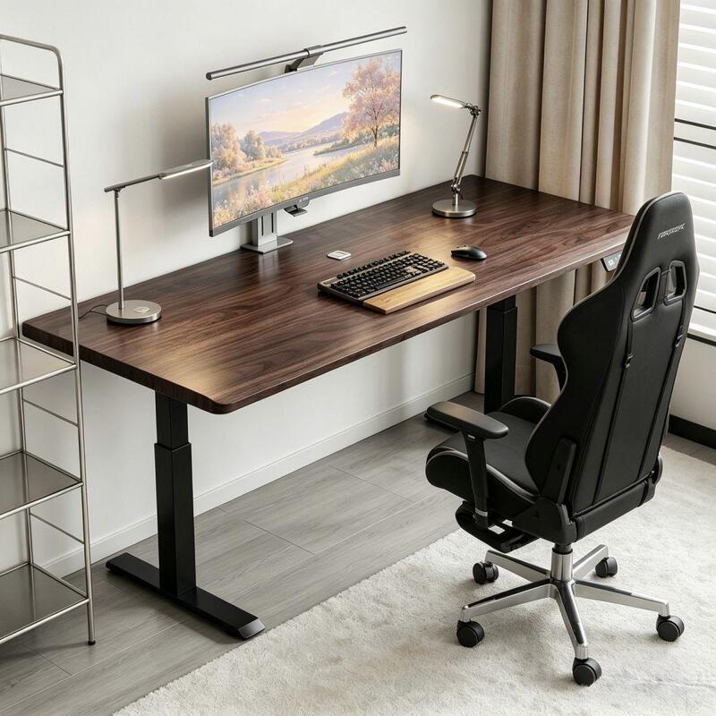 Solid Wood Light Luxury Desk, Home Computer Desk, Gaming Desk, Mid-Century Style Electric Height-Adjustable Desk