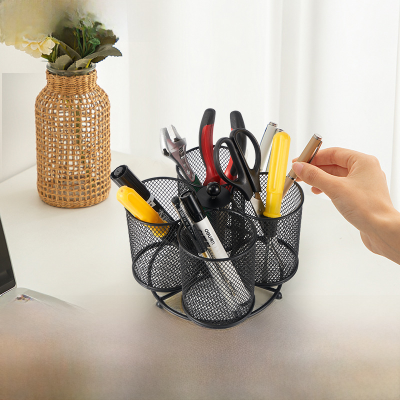 European and American metal mesh simple pen holder creative art hollow pen holder round black iron hollow desktop storage bucket