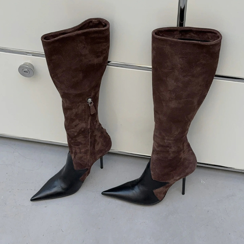 High-End Niche Hot Girl Pointed-Toe Stiletto Slimming Side-Zip High-Tube Riding Boots (Below the Knee) (Tax Not Included)