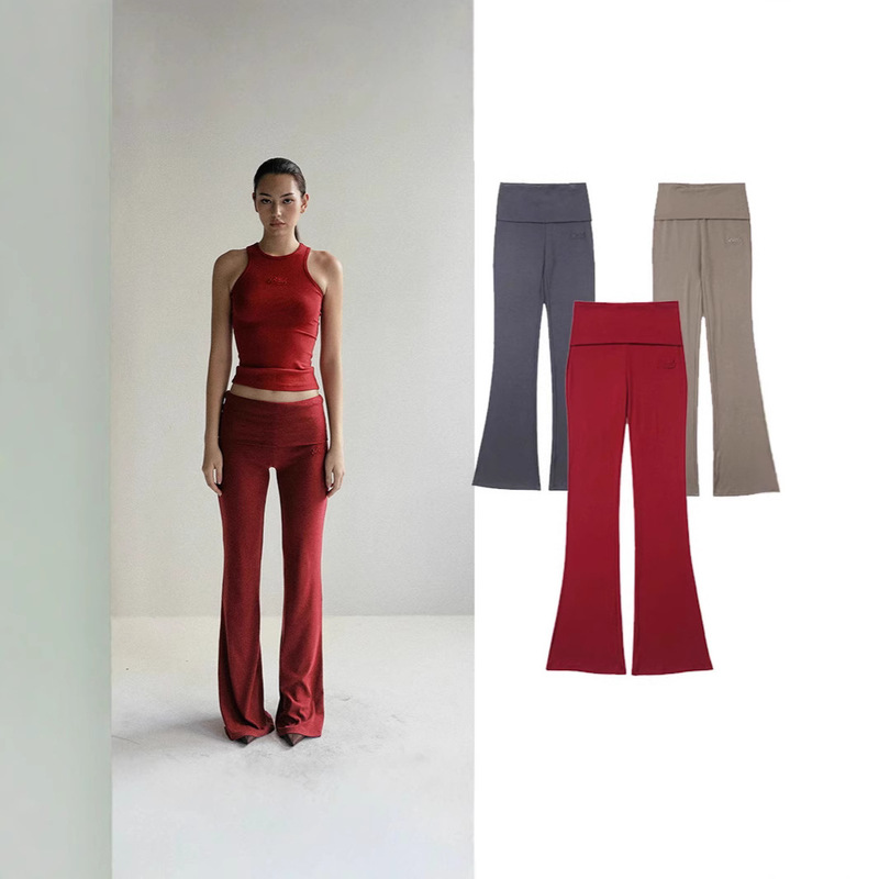 badblood Soft Folding Trousers Women's Tobacco Color American Style Retro Embroidered Slim Hip Flare Pants New