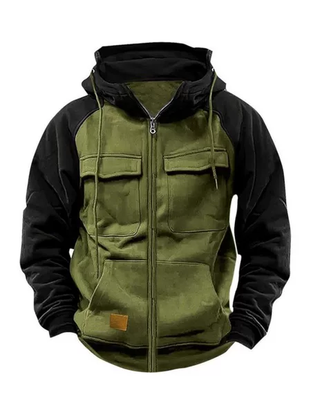Cross-border Spring and Autumn New Men's Hooded Solid Color Sweatshirt European and American Youth Sports Multi-pocket Leather Sweatshirt Workwear