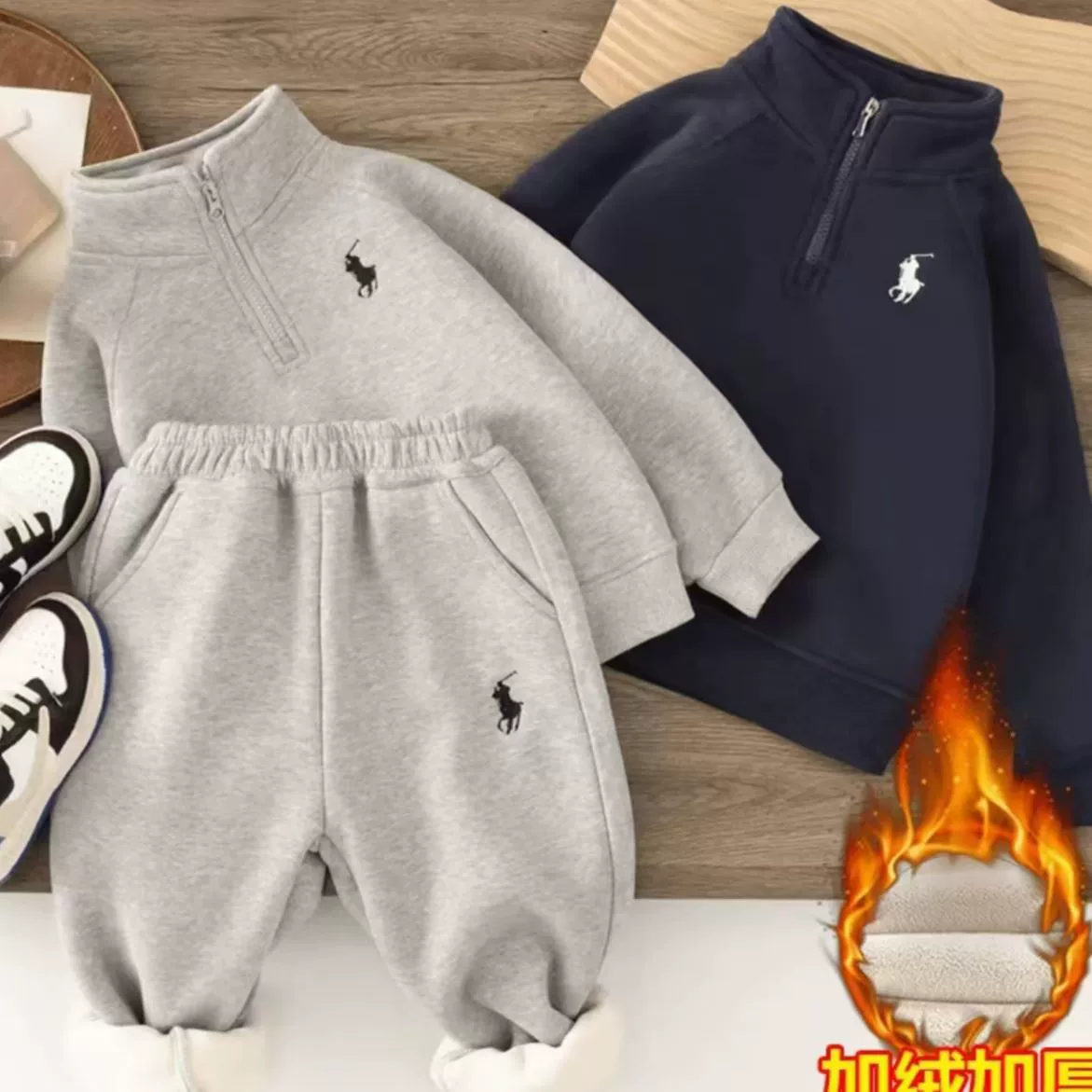 2025冬季厚儿童加绒卫衣潮牌童装冬季加厚保暖运动套装韩系男童