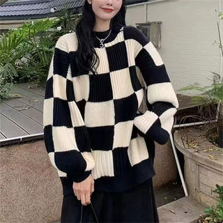 棋盘格毛衣女秋冬季设计感简约上衣复古显瘦慵懒风套头针织衫外套