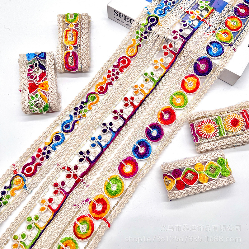 Hilo de algodón de estilo étnico encaje de color cordón de hueso franela bordado lentejuelas código de barras accesorios de ropa encaje encaje Hanfu