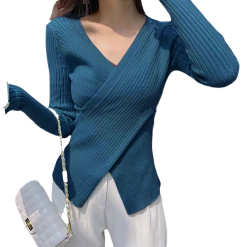 Spring/Summer 2025 Women's Cross-Design All-Match Long-Sleeve Slimming Base Layer Knit Top – Trendy & Chic Innerwear