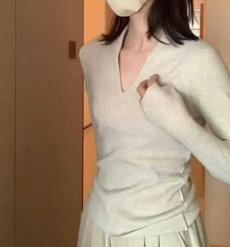 法式V领长袖针织衫女早秋季纯欲气质内搭打底衫修身辣妹显瘦上衣|undefined