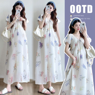 2025 Summer Maternity Dress Romantic Casual V Neck Lace-Up Waist Long Dress Loose Pregnant Women Dress