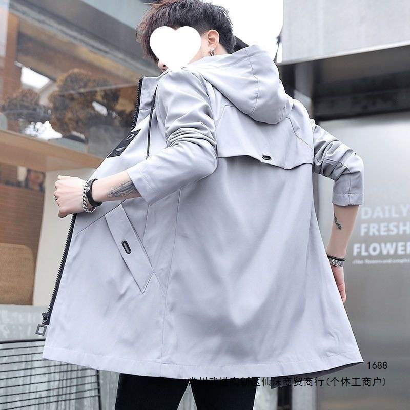 Men's mid-length plus-size trench coat for spring and autumn, Korean style slim fit, hooded, lightweight jacket for teenagers and students.