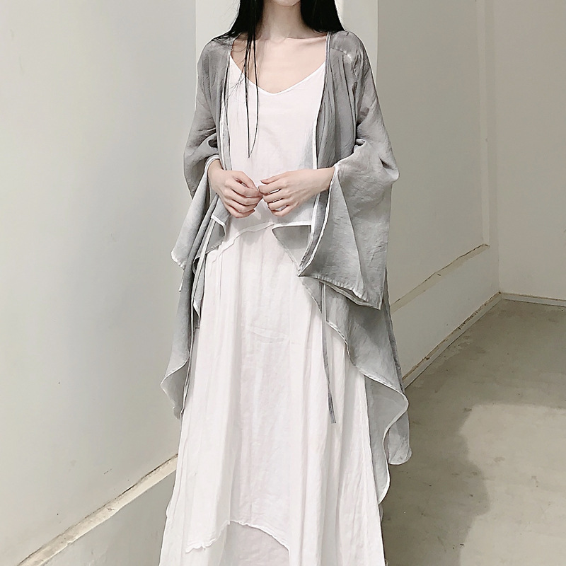 Plant-Dyed Short-Front Long-Back Lightweight and Flowy Tie-Up Cardigan in 2 Colors, New Chinese-Style Cardigan