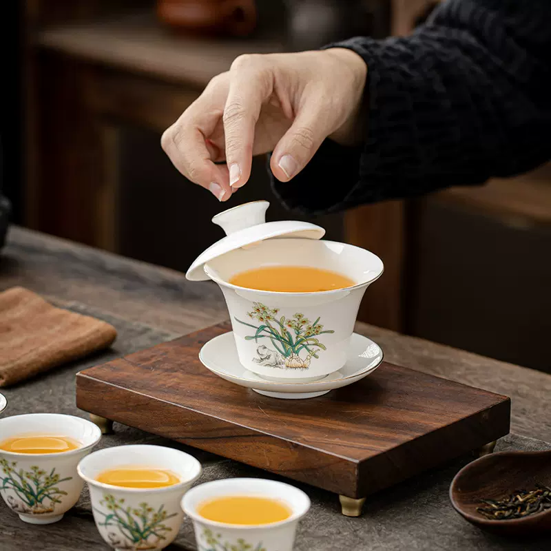 十二花神悬停羊脂玉三才盖碗泡茶主人杯家用陶瓷功夫茶具茶杯描金