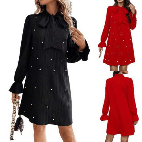 International Trade 2025 Early Spring Independent Store European and American Women's Laced Bead Long-Sleeve Solid Color Dress