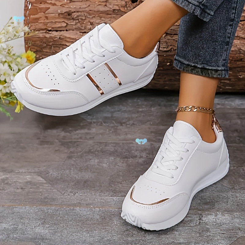 Women's Lightweight Fashion Sneakers White Rose Golden Cross-border